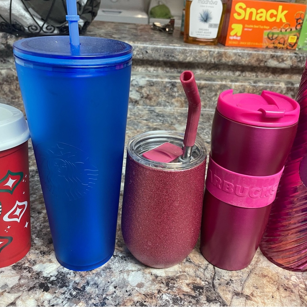 Starbucks Blue and Pink Party Tumblers One Pink Marshall Tumblr Set All for $30
